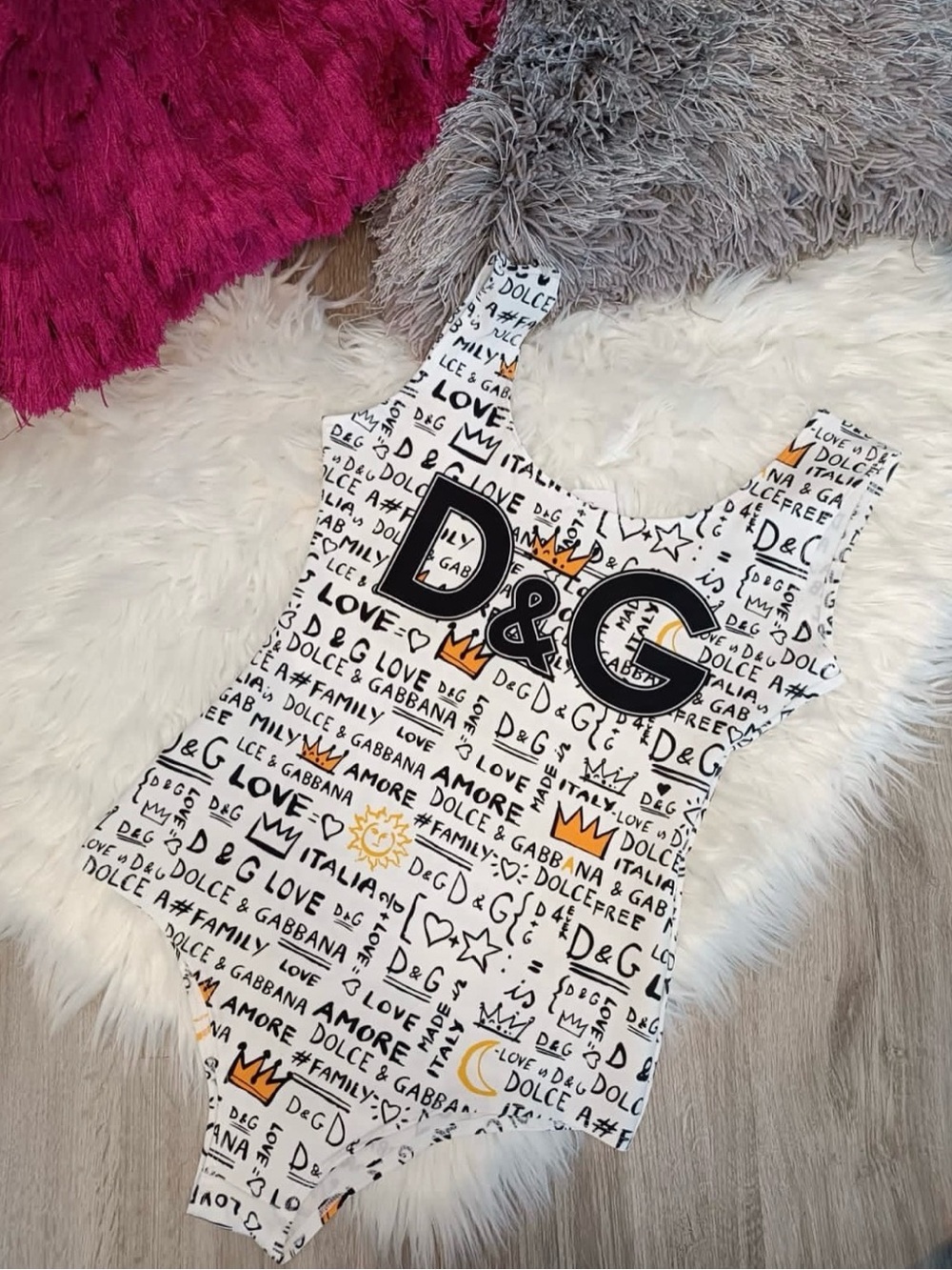 D&G White One-Piece Black Script and Yellow Accents - Picture 2 of 2